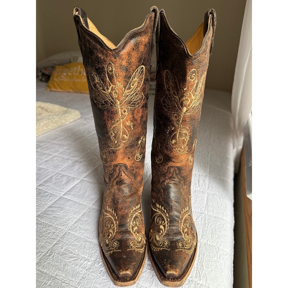 Corral Women Distressed Brown Leather Dragonfly Embroidered Western Boots - Picture 6 of 9